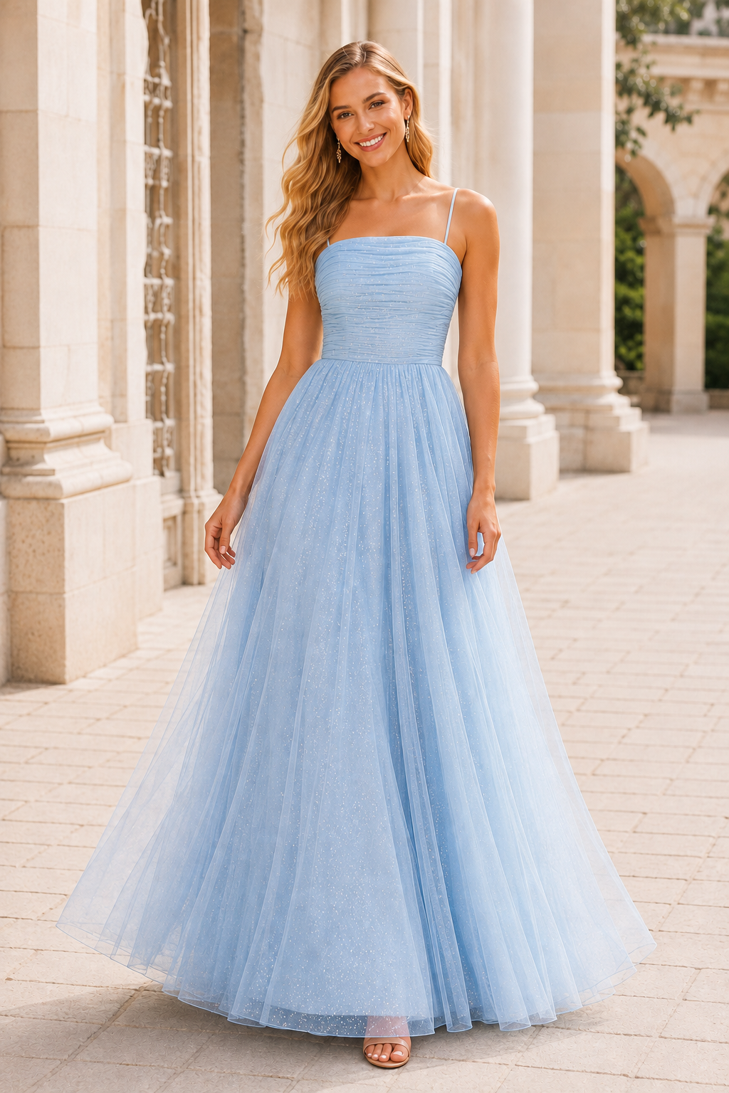 Elovina A Line Square Neckline Sleeveless Sweep Train Tulle Prom Dress- Style