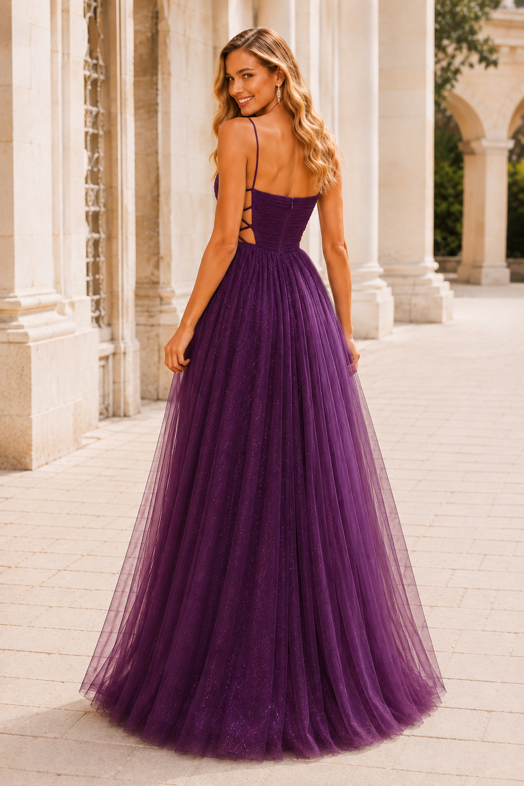 Elovina A Line Square Neckline Sleeveless Sweep Train Tulle Prom Dress- Style