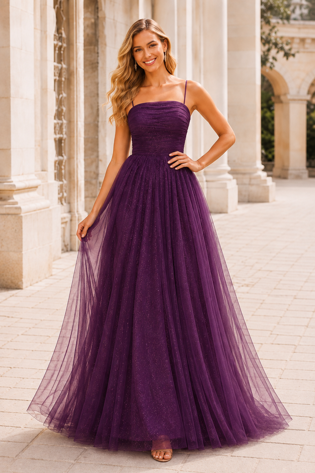 Elovina A Line Square Neckline Sleeveless Sweep Train Tulle Prom Dress- Style