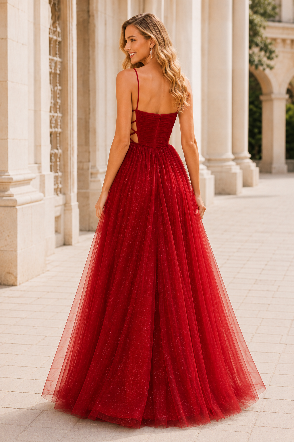 Elovina A Line Square Neckline Sleeveless Sweep Train Tulle Prom Dress- Style