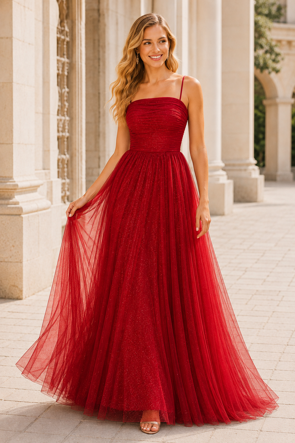 Elovina A Line Square Neckline Sleeveless Sweep Train Tulle Prom Dress- Style