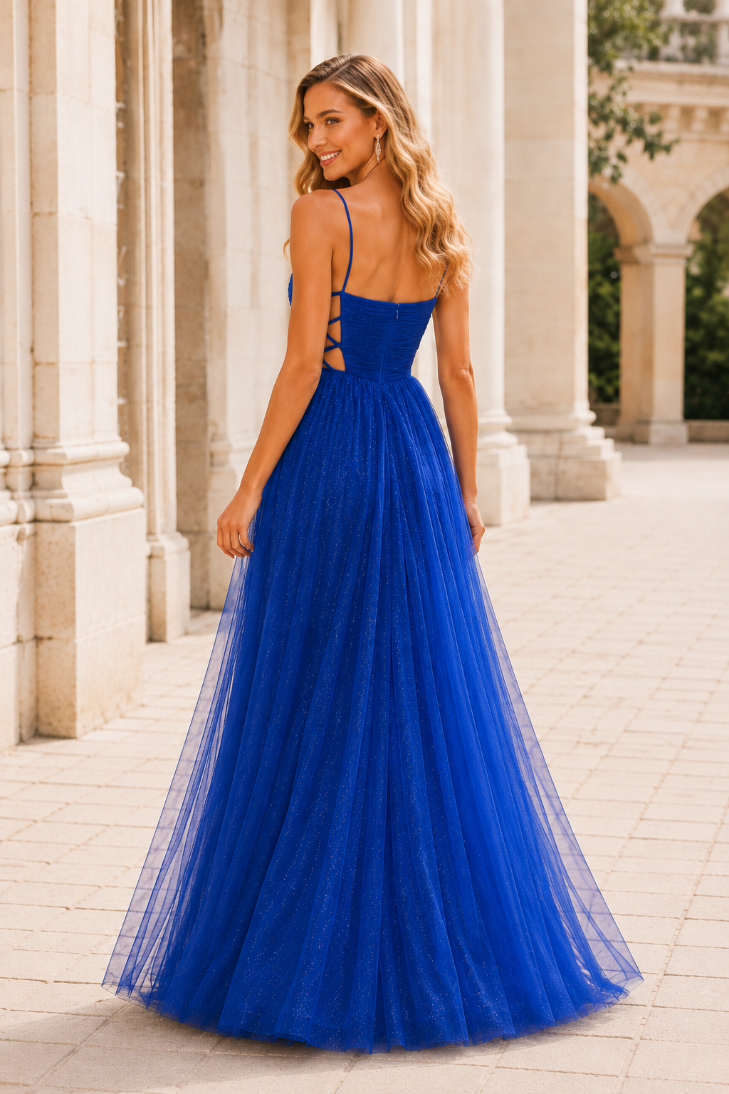 Elovina A Line Square Neckline Sleeveless Sweep Train Tulle Prom Dress- Style