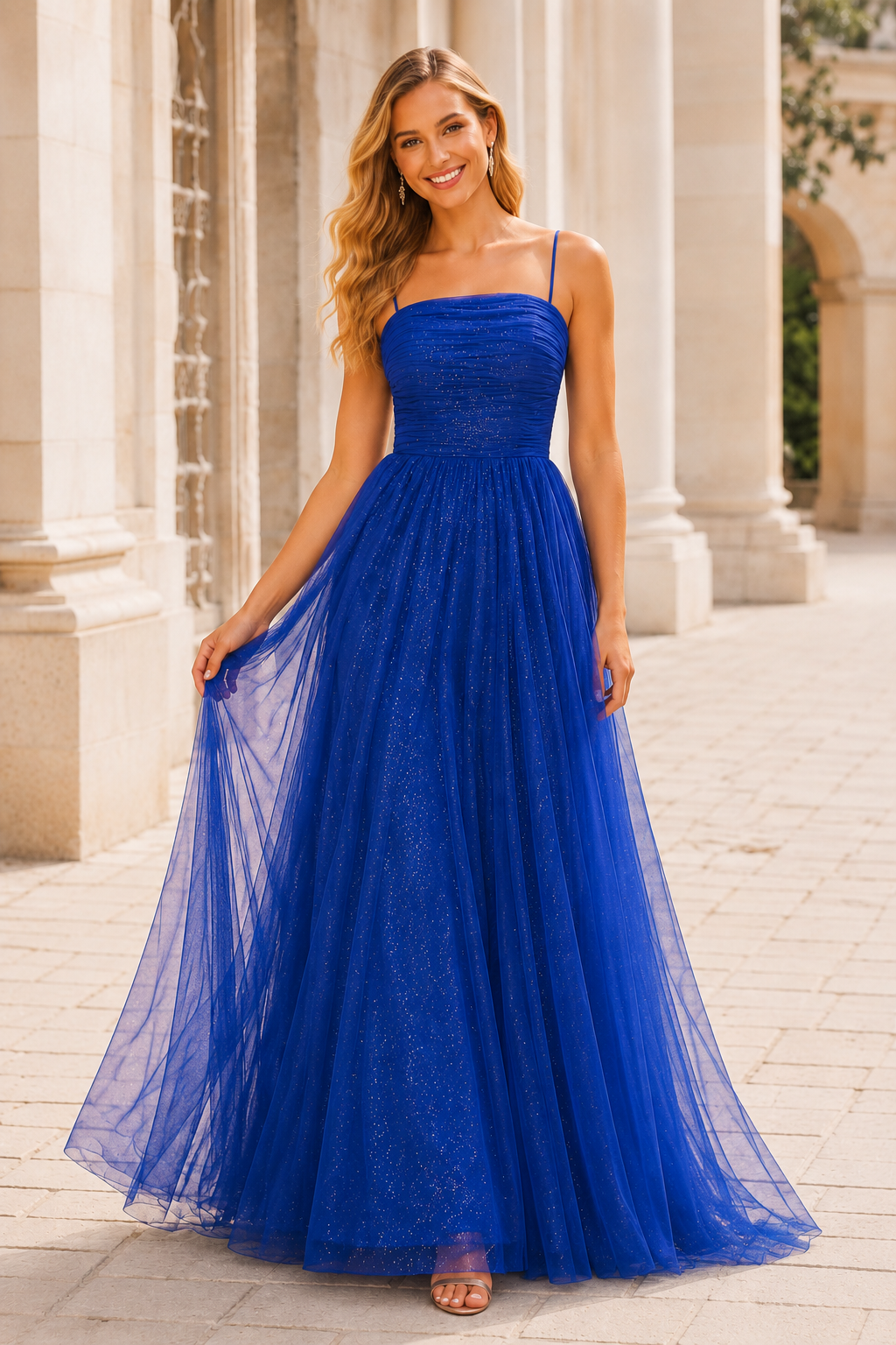 Elovina A Line Square Neckline Sleeveless Sweep Train Tulle Prom Dress- Style