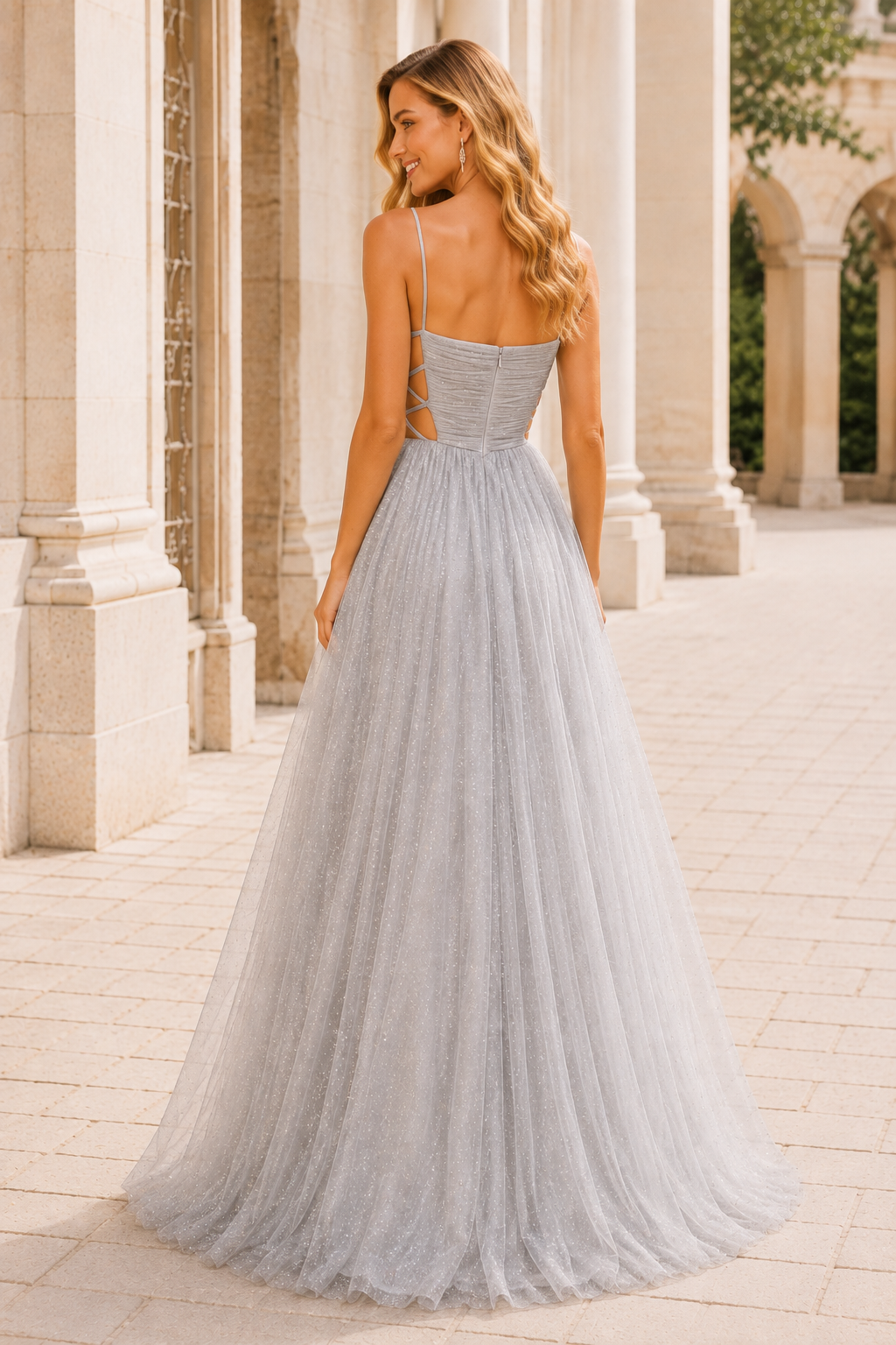 Elovina A Line Square Neckline Sleeveless Sweep Train Tulle Prom Dress- Style