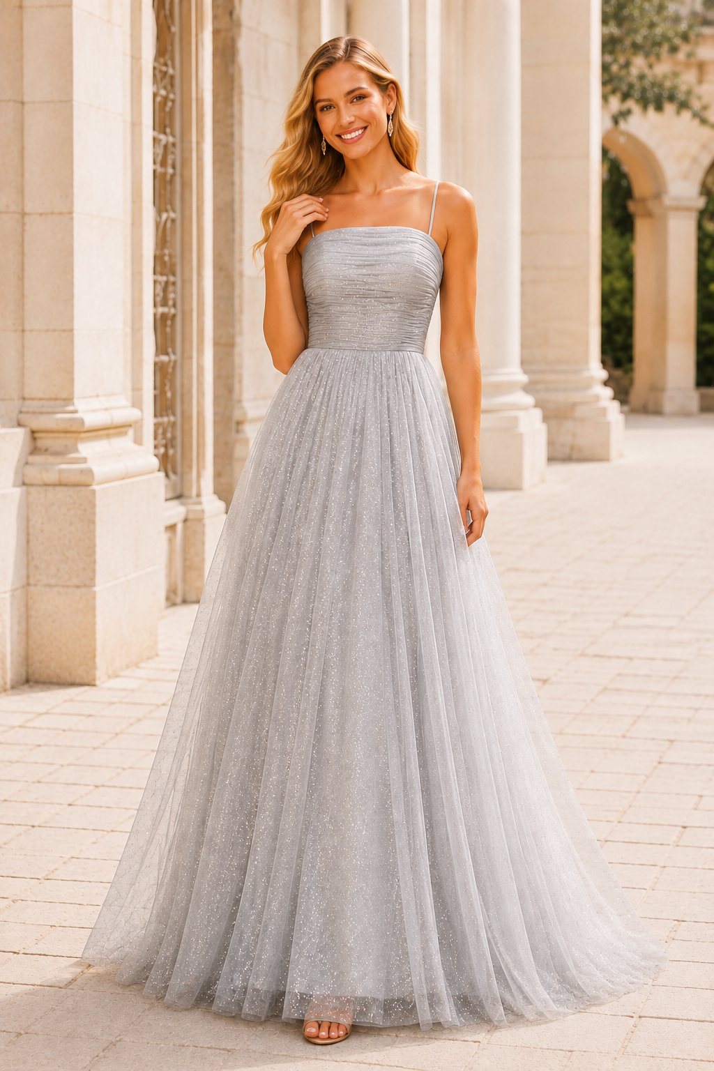 Elovina A Line Square Neckline Sleeveless Sweep Train Tulle Prom Dress- Style