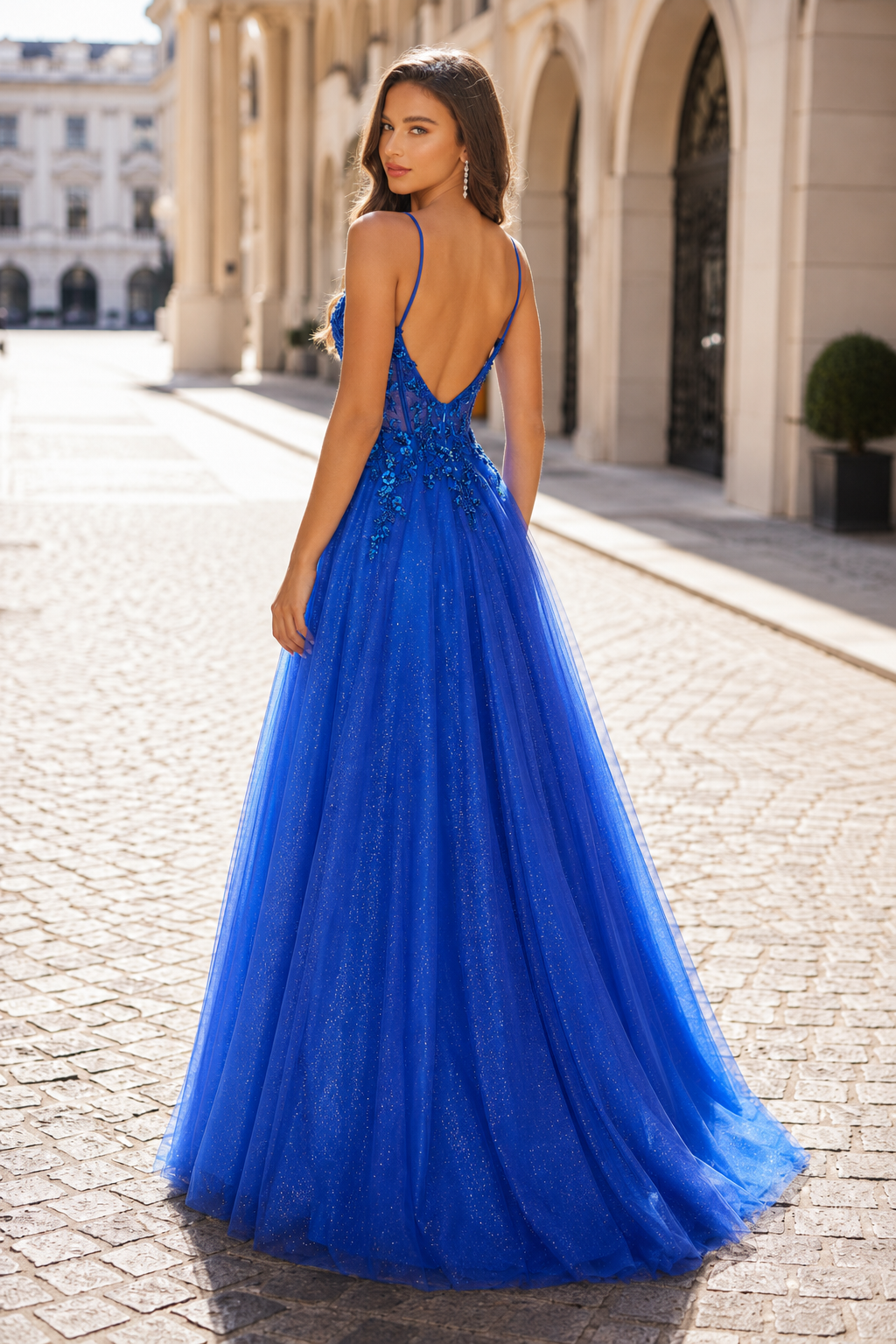 Elovina A Line Square Neckline Sleeveless Sweep Train Tulle Prom Dress- Style