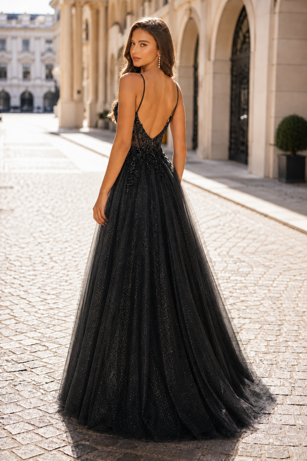Elovina A Line Square Neckline Sleeveless Sweep Train Tulle Prom Dress- Style