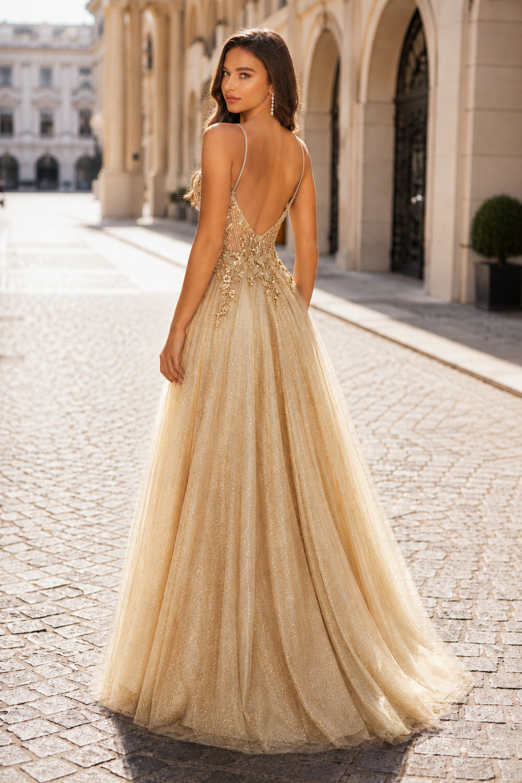 Elovina A Line Square Neckline Sleeveless Sweep Train Tulle Prom Dress- Style