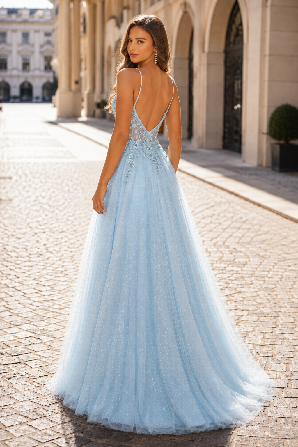 Elovina A Line Square Neckline Sleeveless Sweep Train Tulle Prom Dress- Style