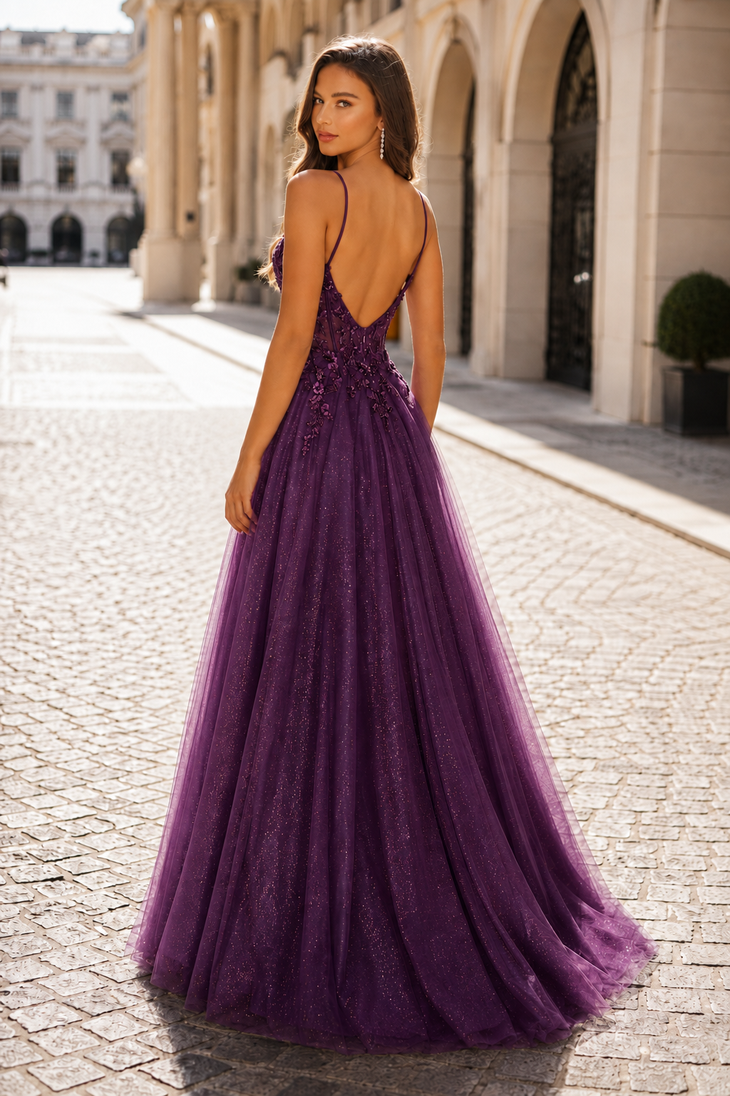 Elovina A Line Square Neckline Sleeveless Sweep Train Tulle Prom Dress- Style