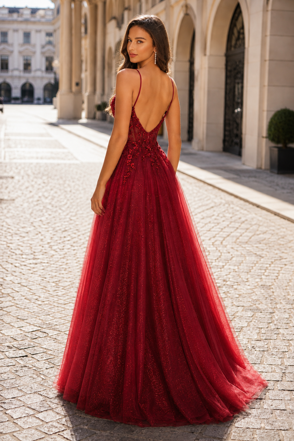 Elovina A Line Square Neckline Sleeveless Sweep Train Tulle Prom Dress- Style