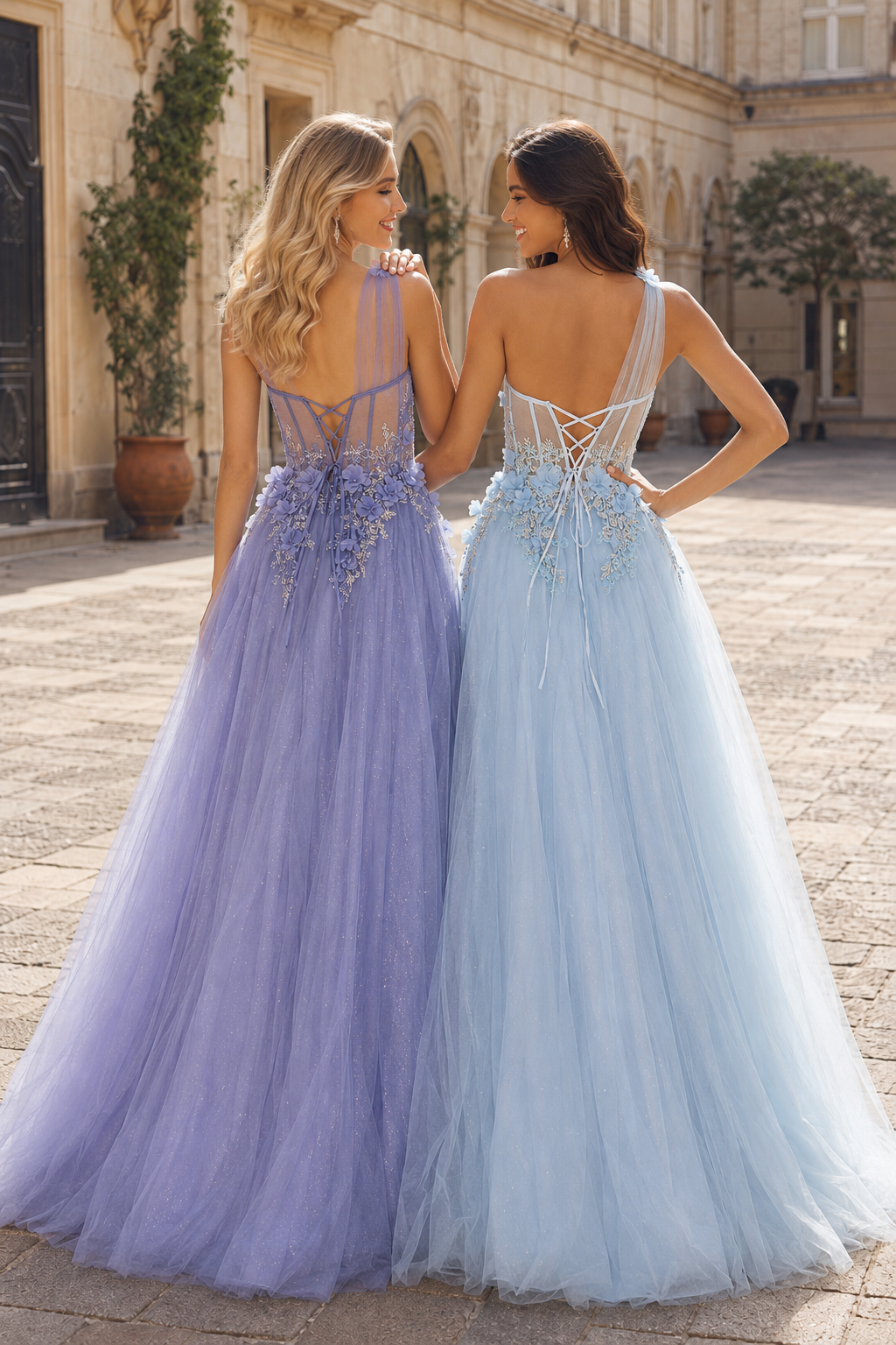 Estlisse A Line One Shoulder Sleeveless Sweep Train Tulle Prom Dress