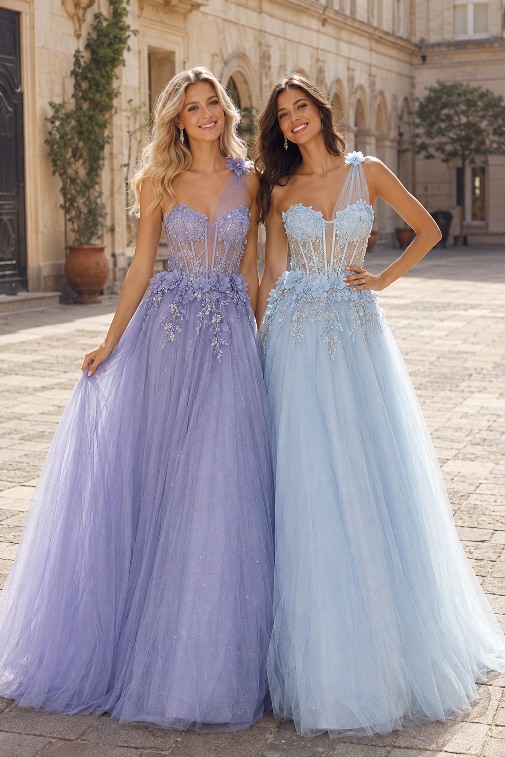 Estlisse A Line One Shoulder Sleeveless Sweep Train Tulle Prom Dress