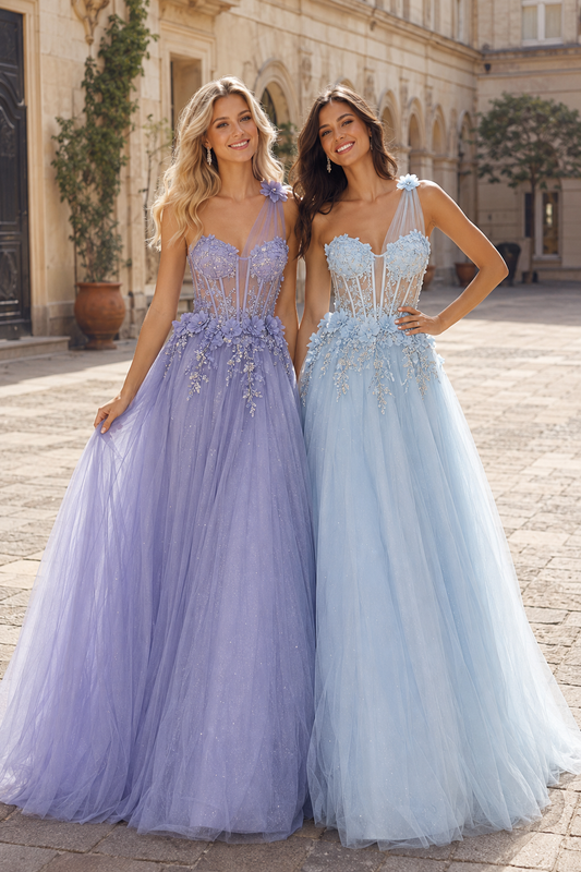 Estlisse A Line One Shoulder Sleeveless Sweep Train Tulle Prom Dress