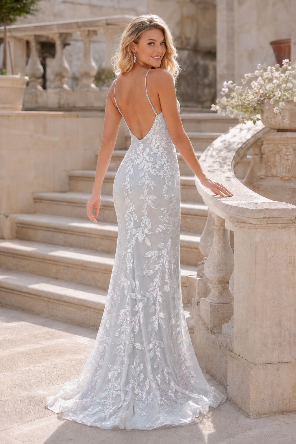 Elidora Mermaid V Neck Sequins Tulle Sweep Train Prom Dress