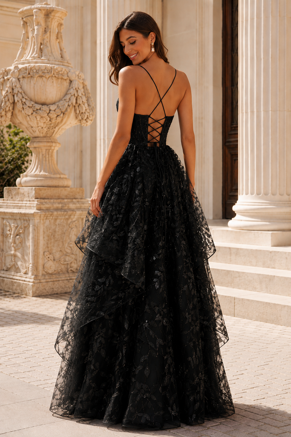 Jorlena Spaghetti-Strap Embellished A-Line Prom Dress