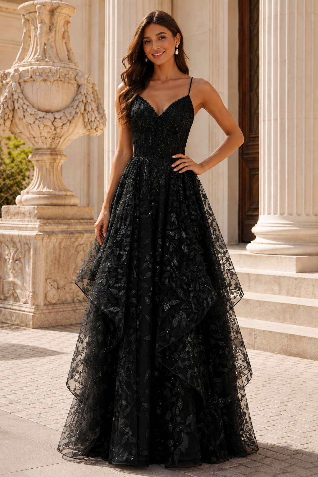 Jorlena Spaghetti-Strap Embellished A-Line Prom Dress