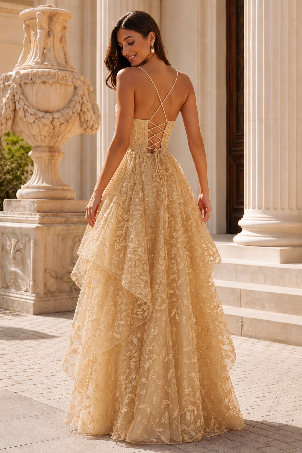 Jorlena Spaghetti-Strap Embellished A-Line Prom Dress