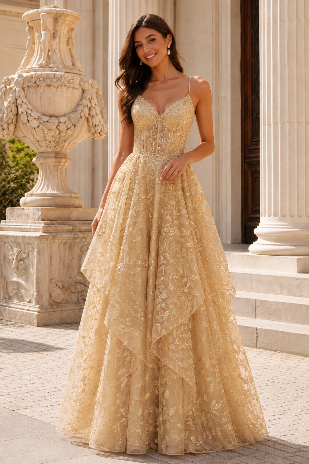 Jorlena Spaghetti-Strap Embellished A-Line Prom Dress