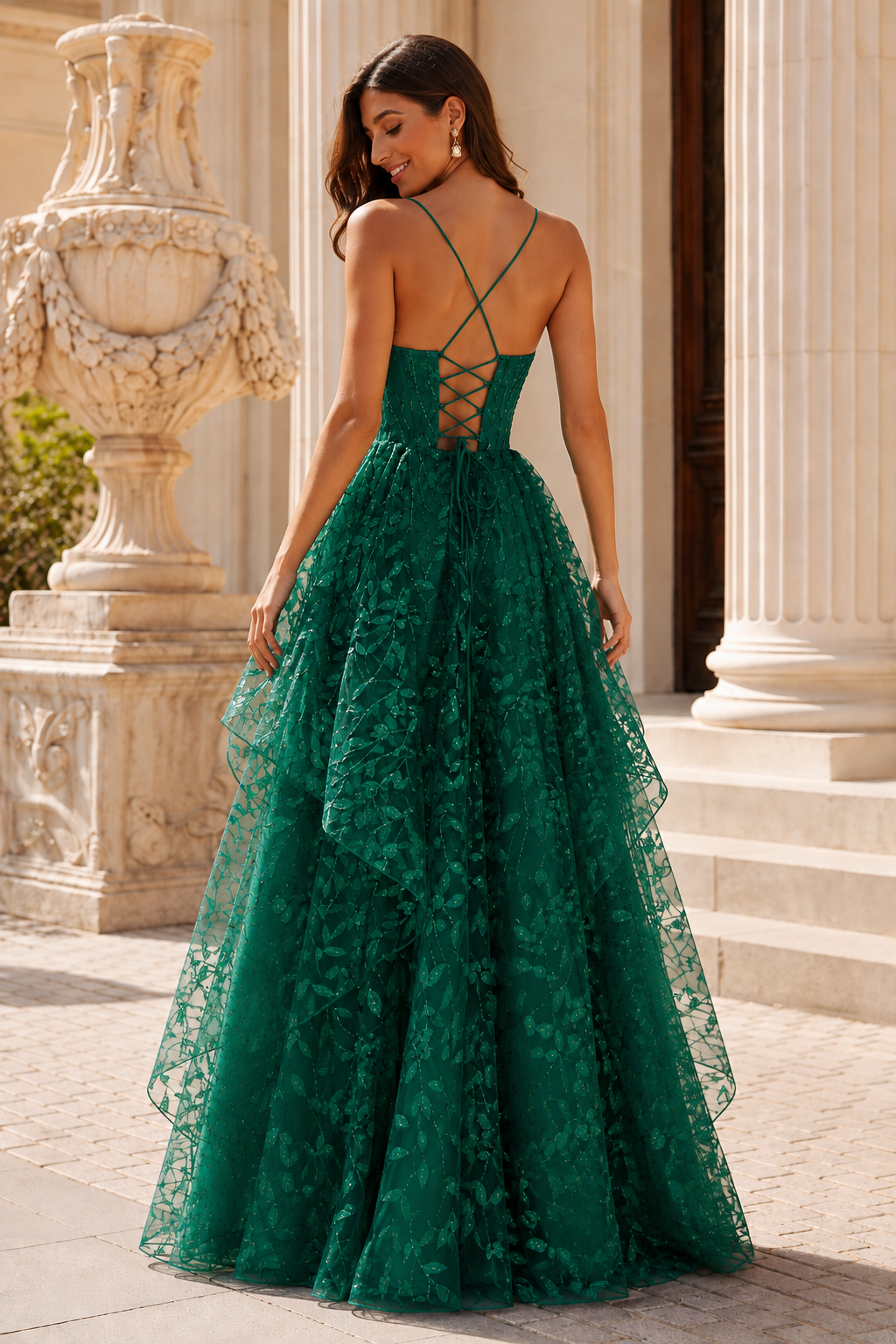 Jorlena Spaghetti-Strap Embellished A-Line Prom Dress