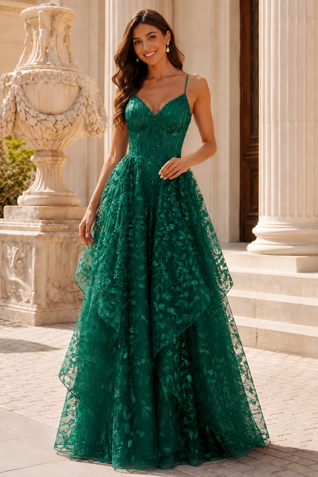 Jorlena Spaghetti-Strap Embellished A-Line Prom Dress
