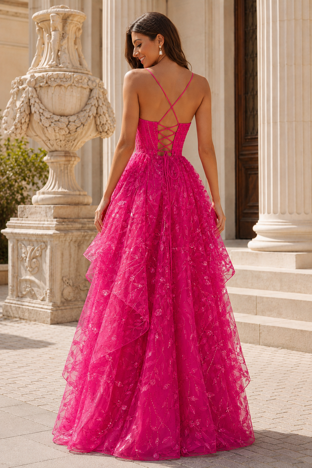 Jorlena Spaghetti-Strap Embellished A-Line Prom Dress