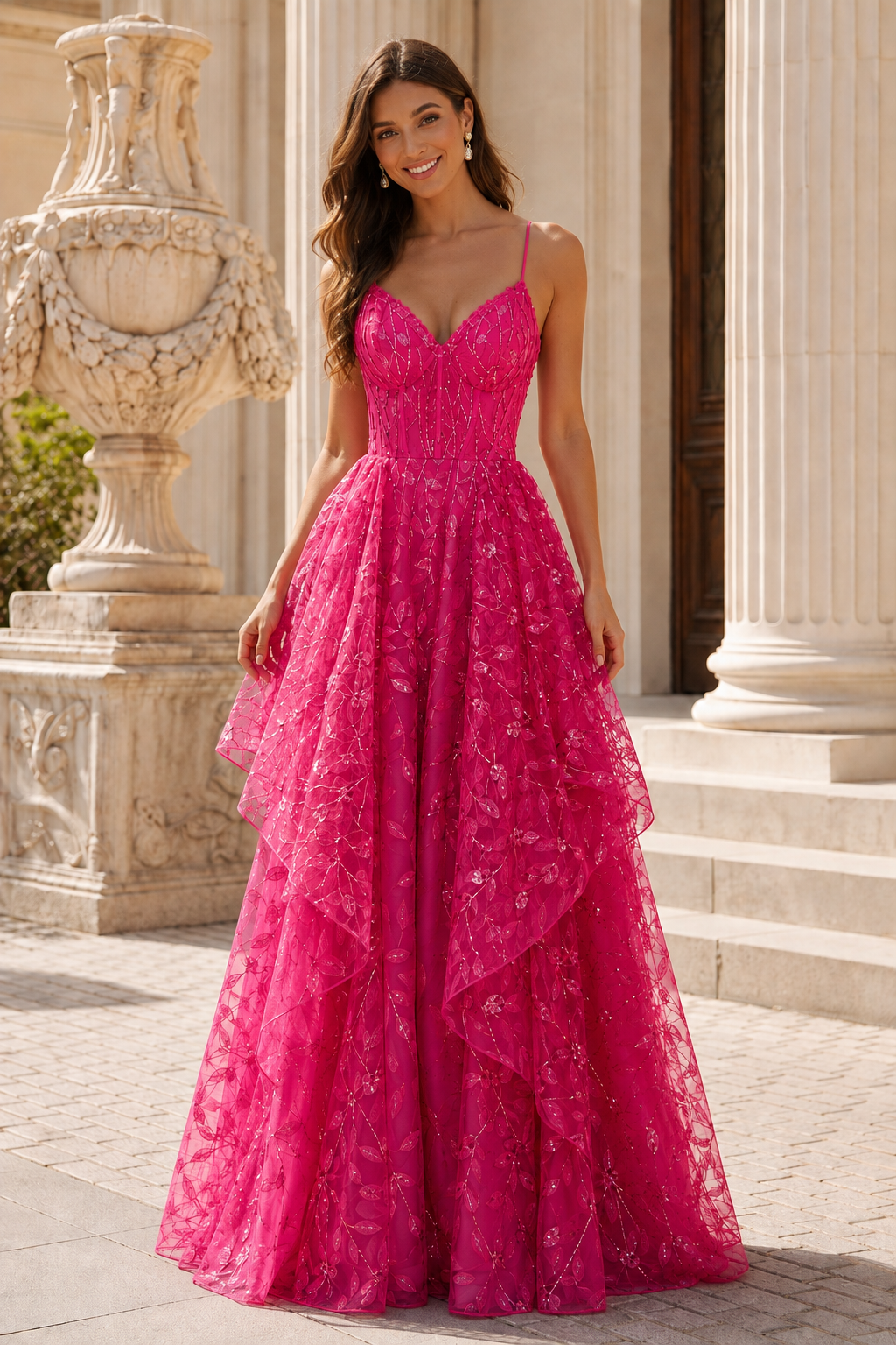 Jorlena Spaghetti-Strap Embellished A-Line Prom Dress