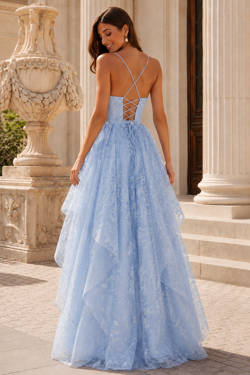 Jorlena Spaghetti-Strap Embellished A-Line Prom Dress