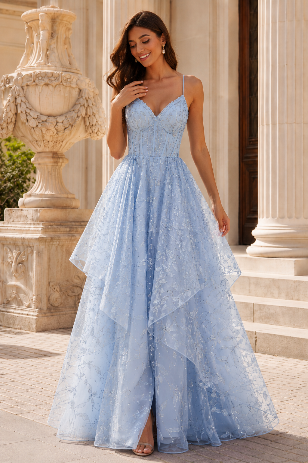 Jorlena Spaghetti-Strap Embellished A-Line Prom Dress