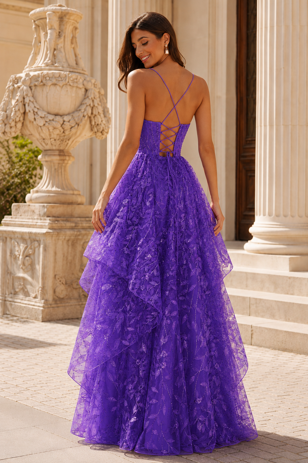 Jorlena Spaghetti-Strap Embellished A-Line Prom Dress