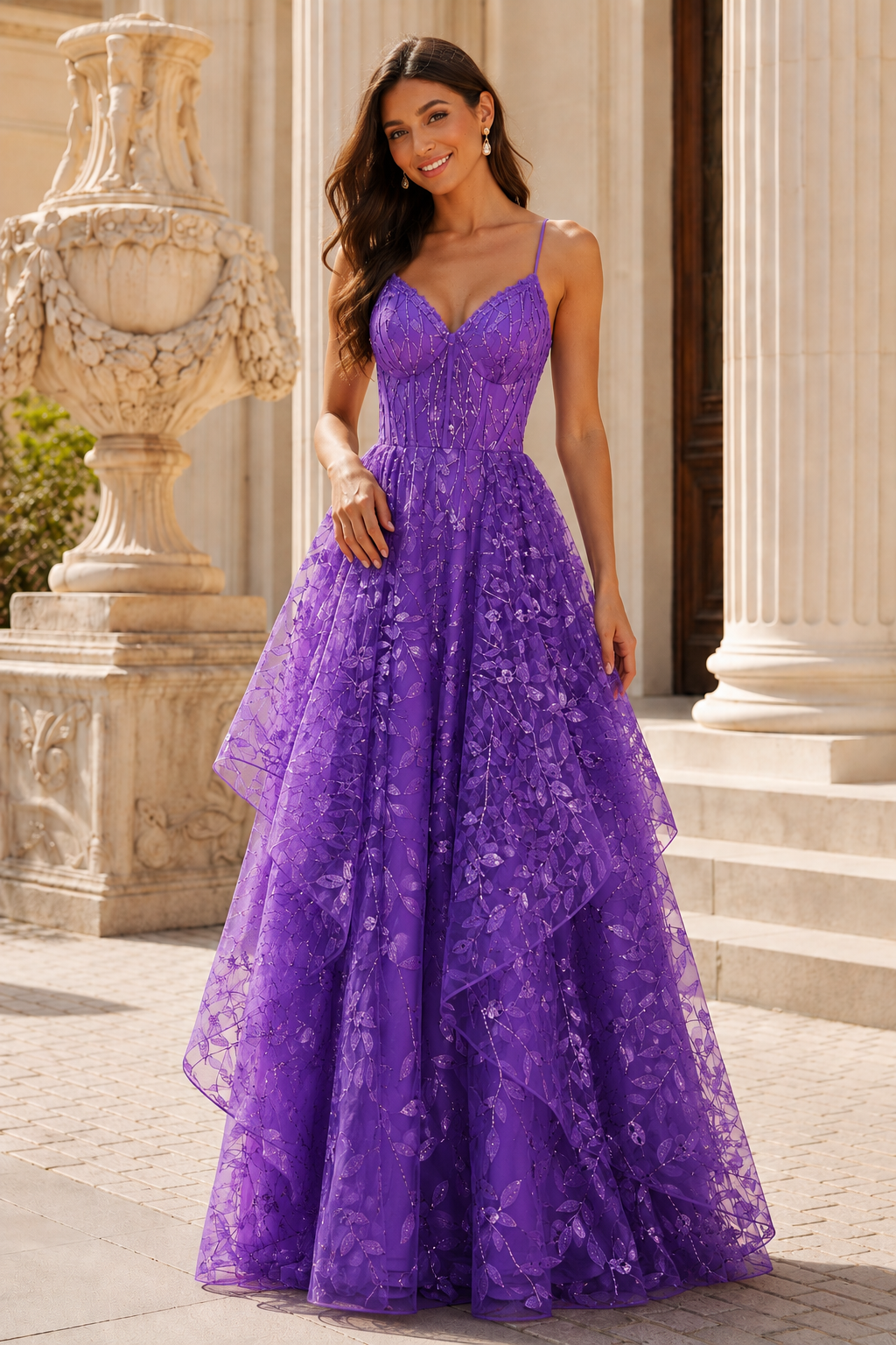 Jorlena Spaghetti-Strap Embellished A-Line Prom Dress