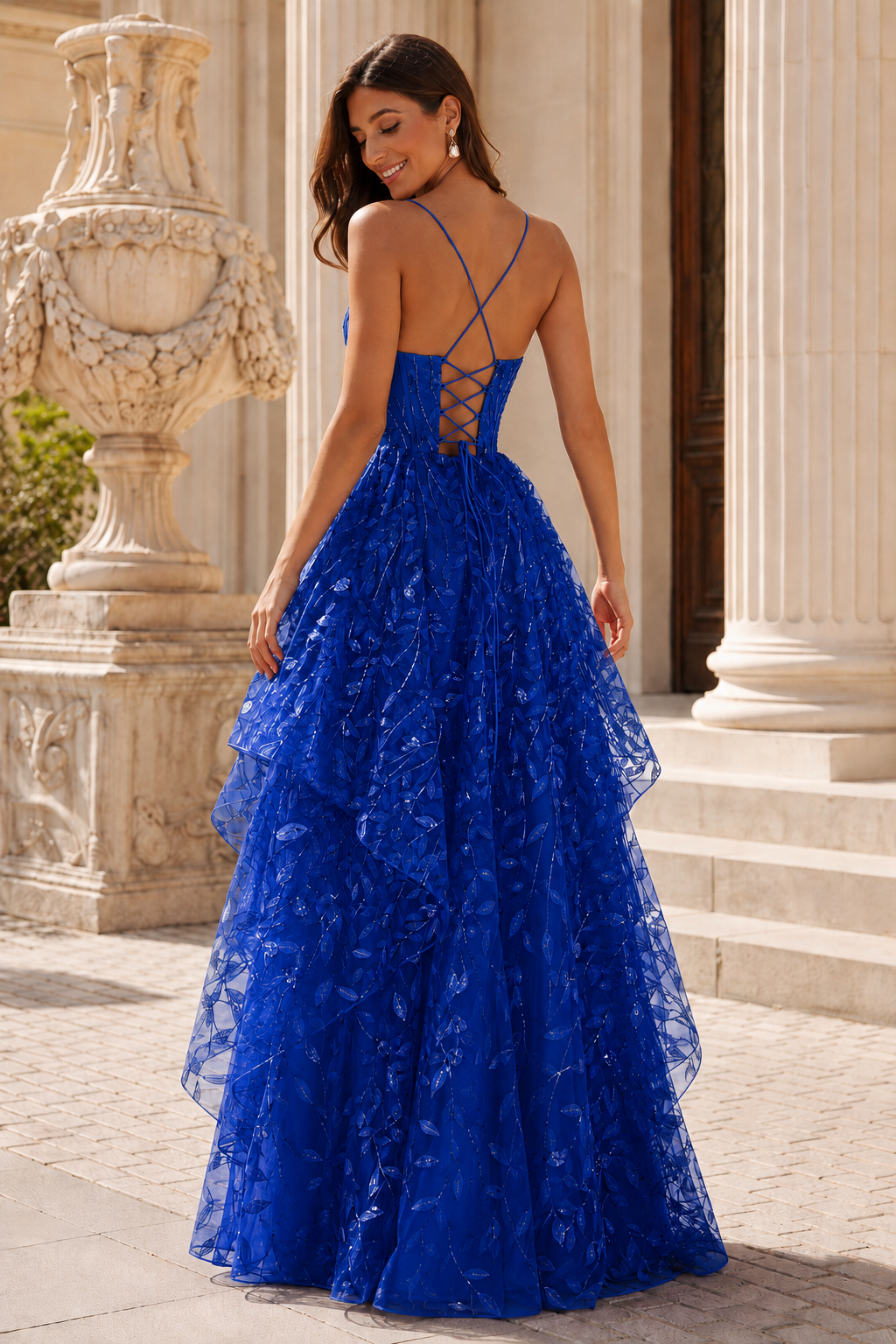 Jorlena Spaghetti-Strap Embellished A-Line Prom Dress