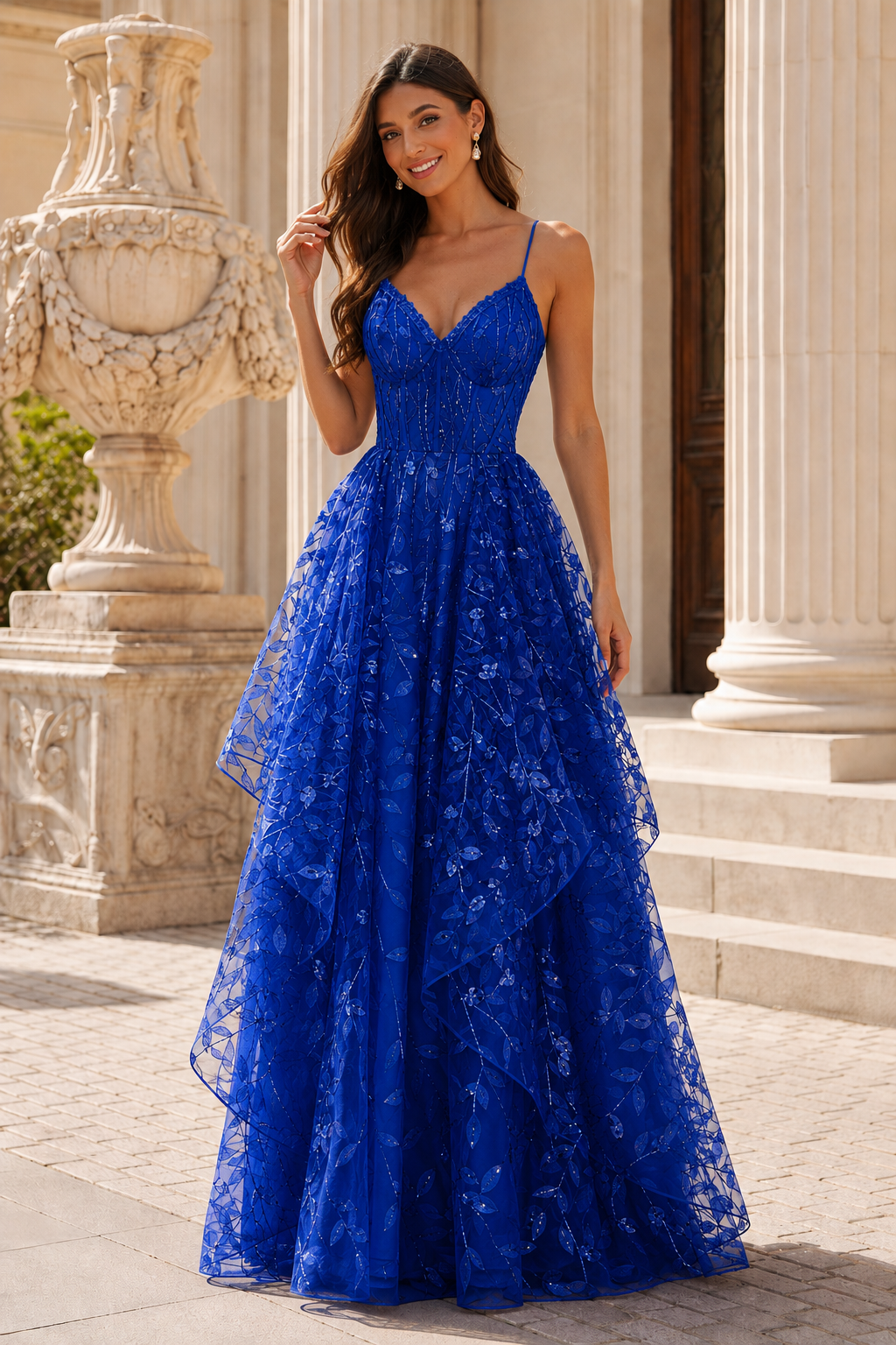 Jorlena Spaghetti-Strap Embellished A-Line Prom Dress