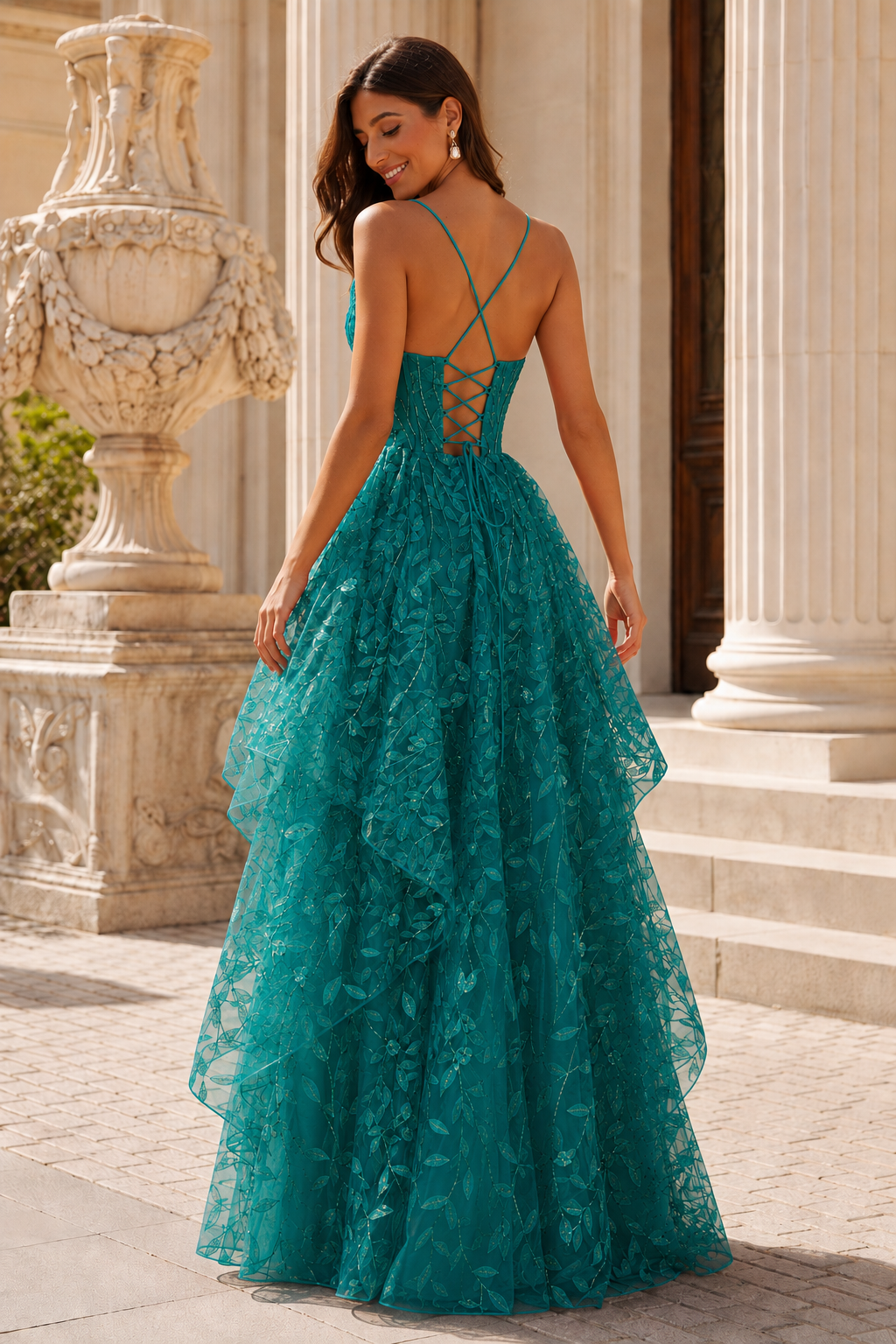 Jorlena Spaghetti-Strap Embellished A-Line Prom Dress