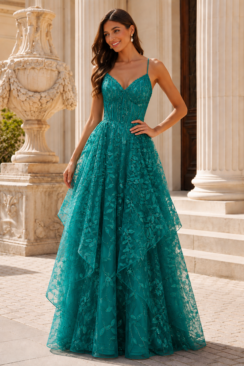 Jorlena Spaghetti-Strap Embellished A-Line Prom Dress