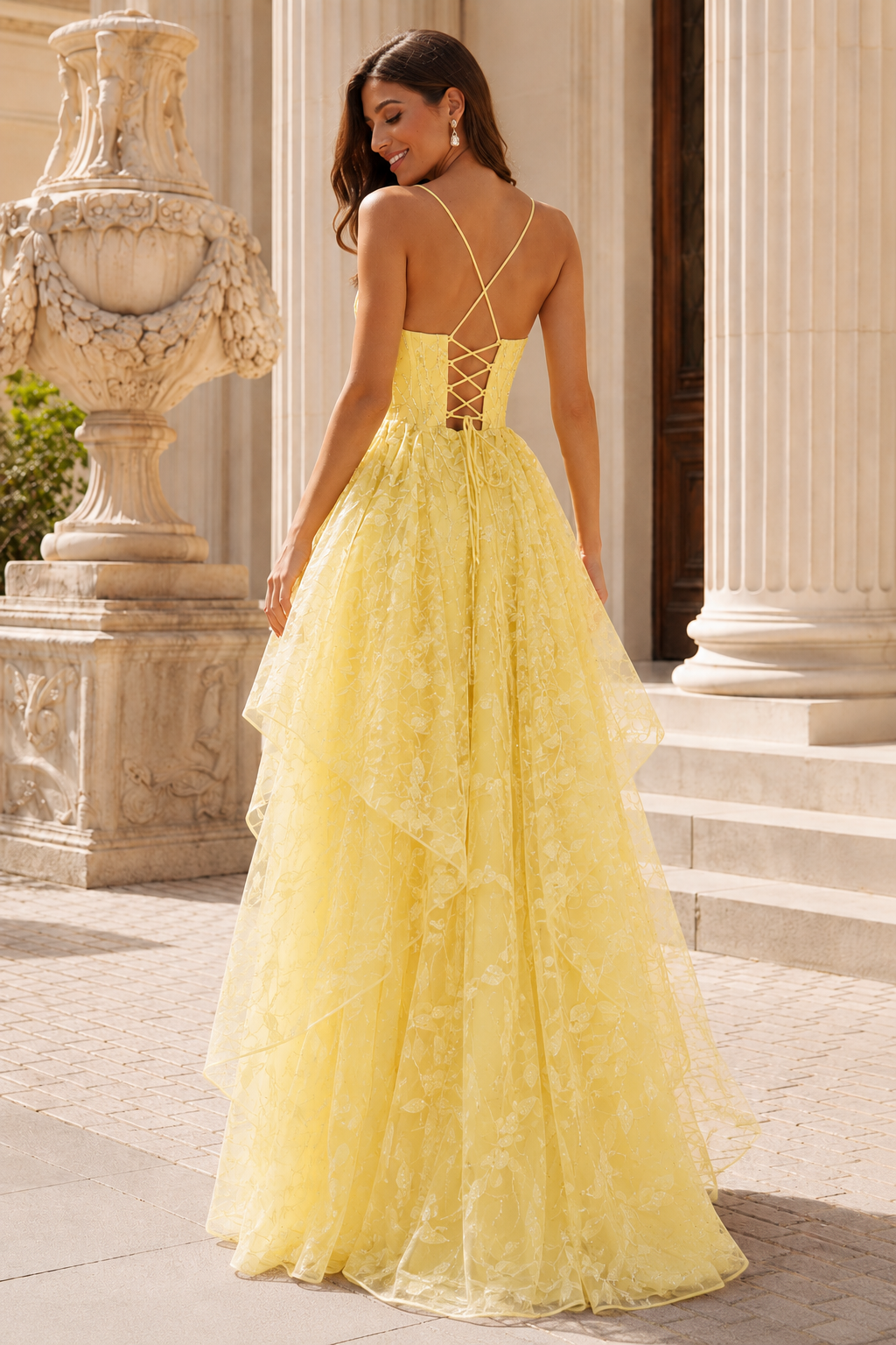 Jorlena Spaghetti-Strap Embellished A-Line Prom Dress