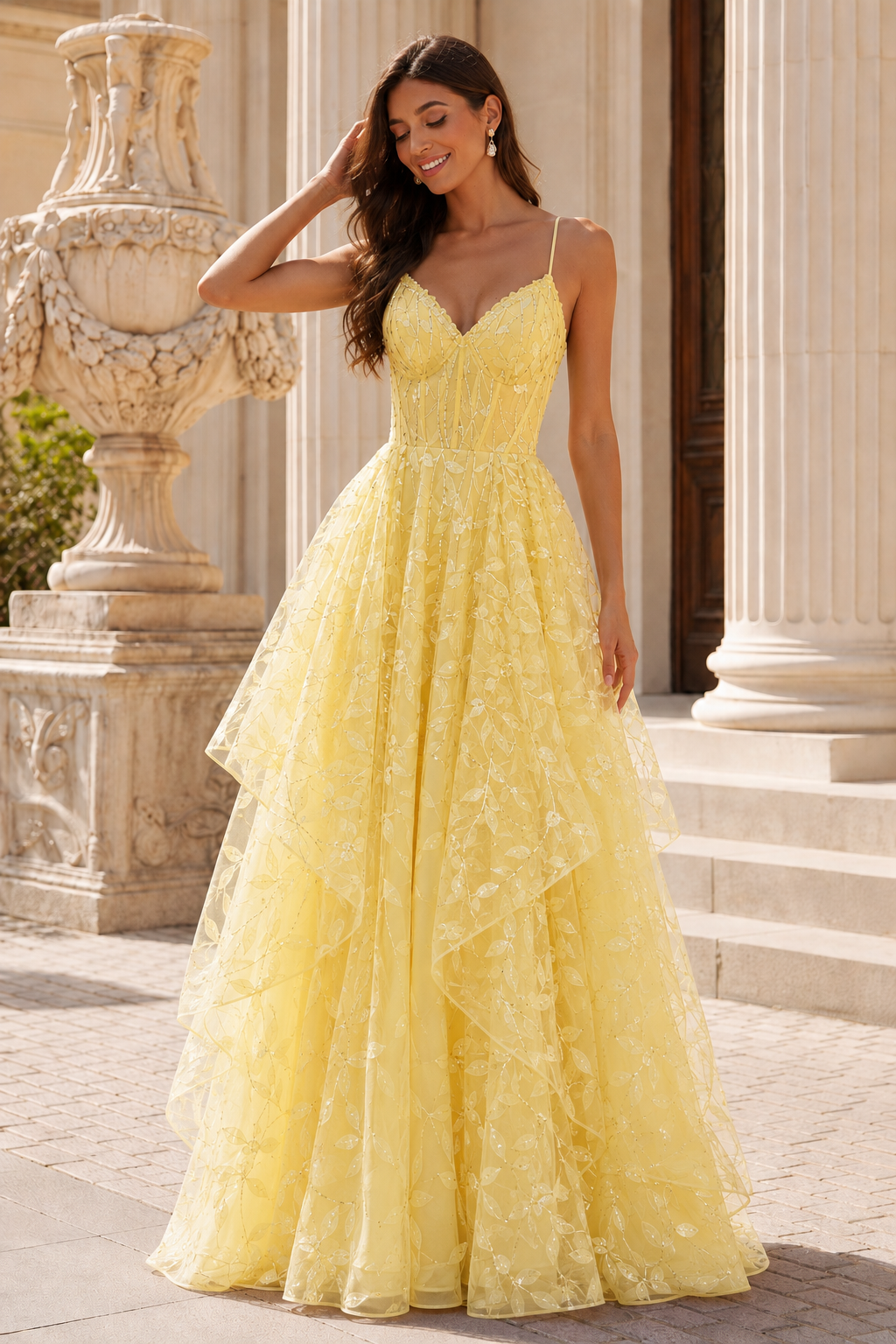 Jorlena Spaghetti-Strap Embellished A-Line Prom Dress