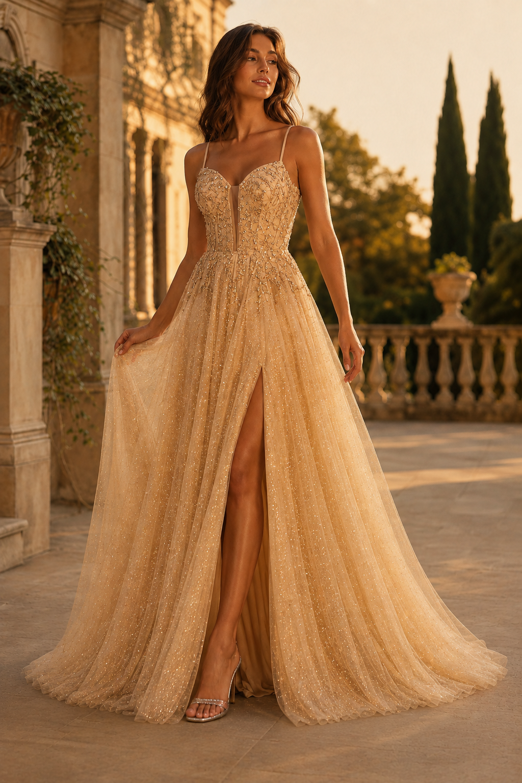 Jormara Spaghetti-Strap A-Line with Slit Prom Dress