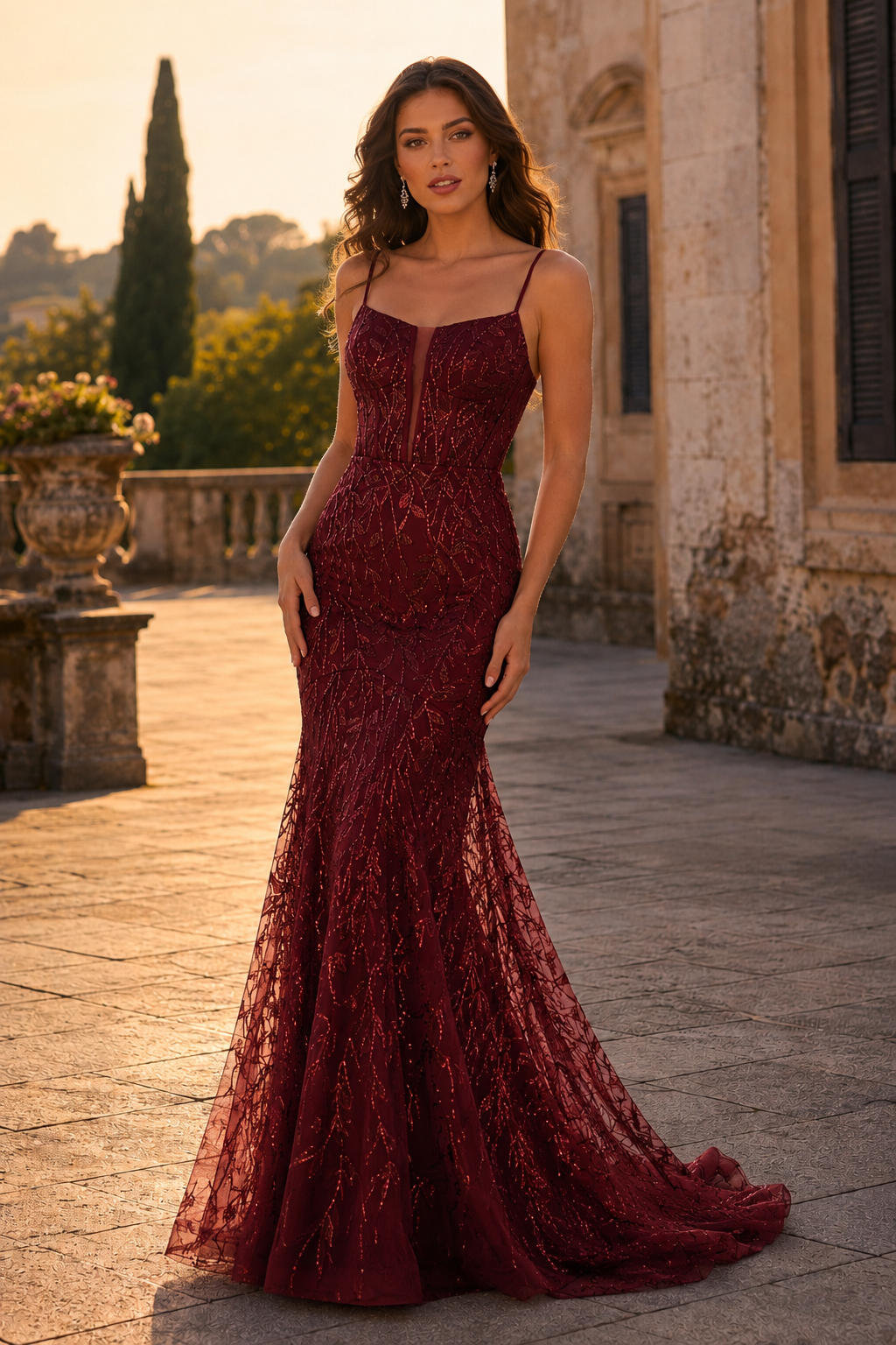 Jorsera Spaghetti-Strap Embroidered Mermaid Prom Dress
