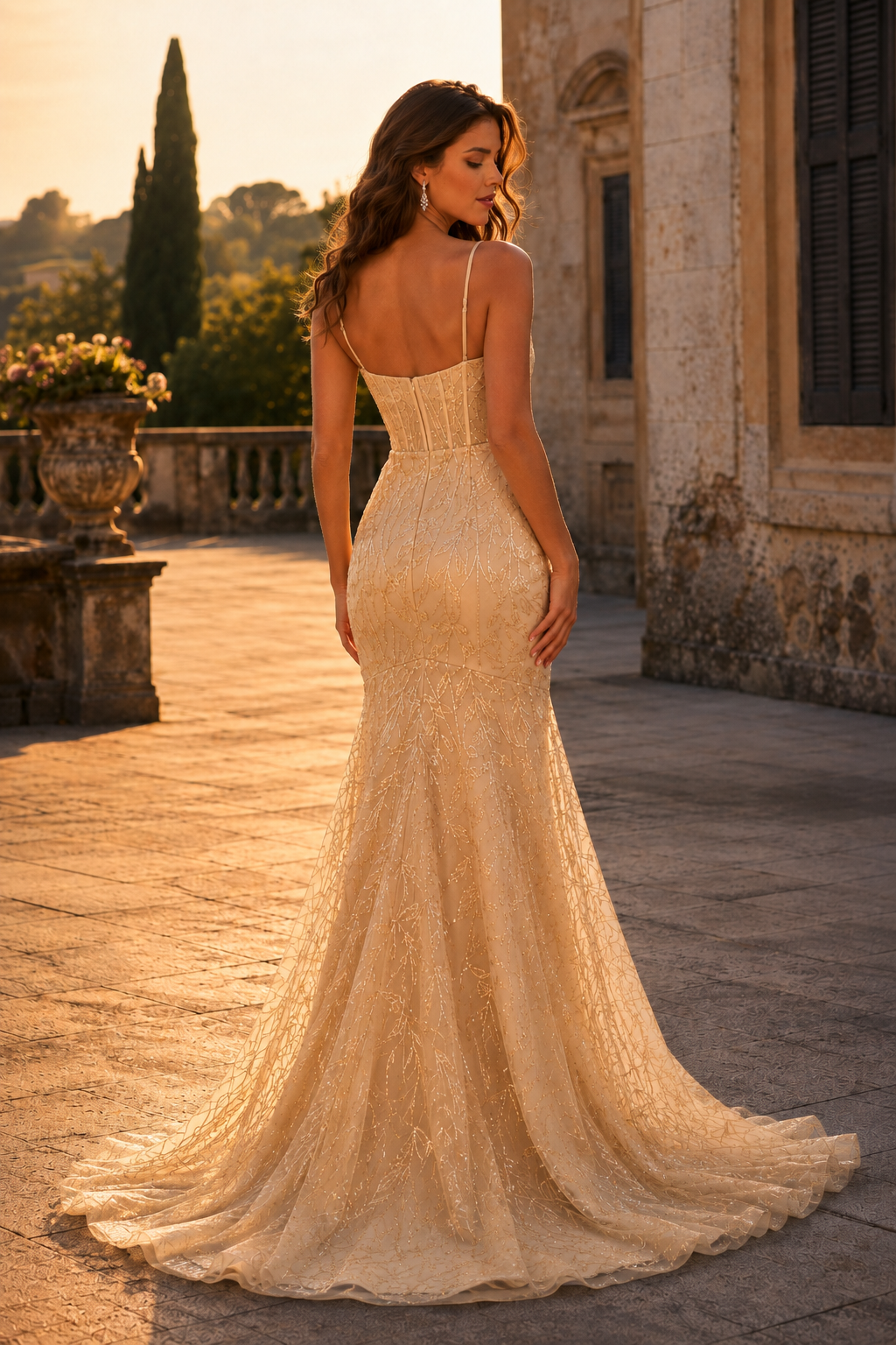 Jorsera Spaghetti-Strap Embroidered Mermaid Prom Dress