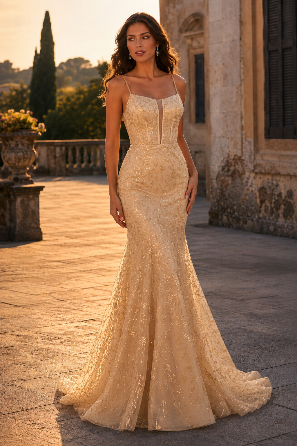 Jorsera Spaghetti-Strap Embroidered Mermaid Prom Dress