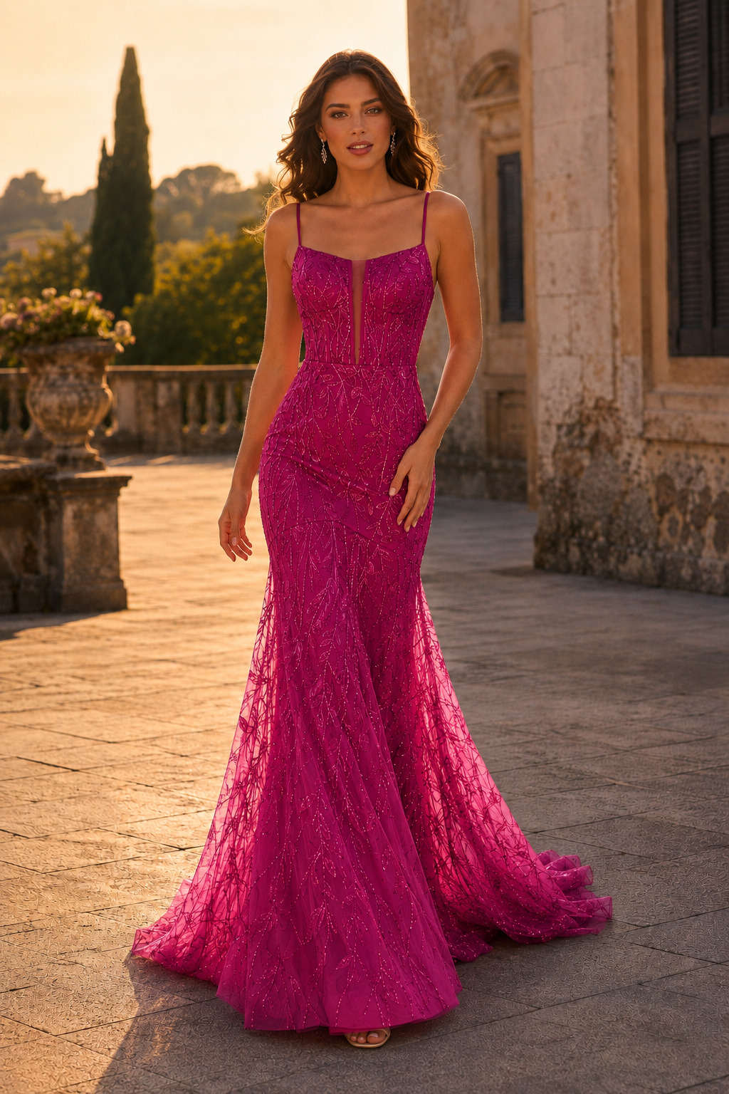 Jorsera Spaghetti-Strap Embroidered Mermaid Prom Dress