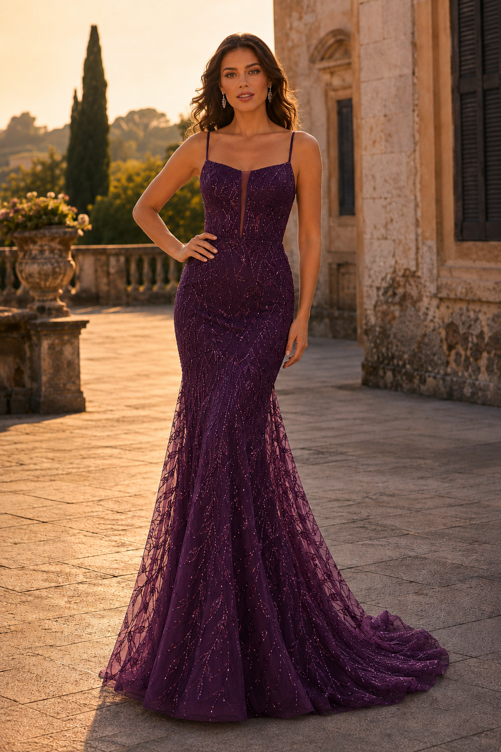 Jorsera Spaghetti-Strap Embroidered Mermaid Prom Dress