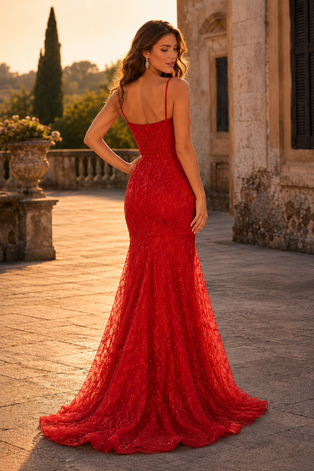 Jorsera Spaghetti-Strap Embroidered Mermaid Prom Dress