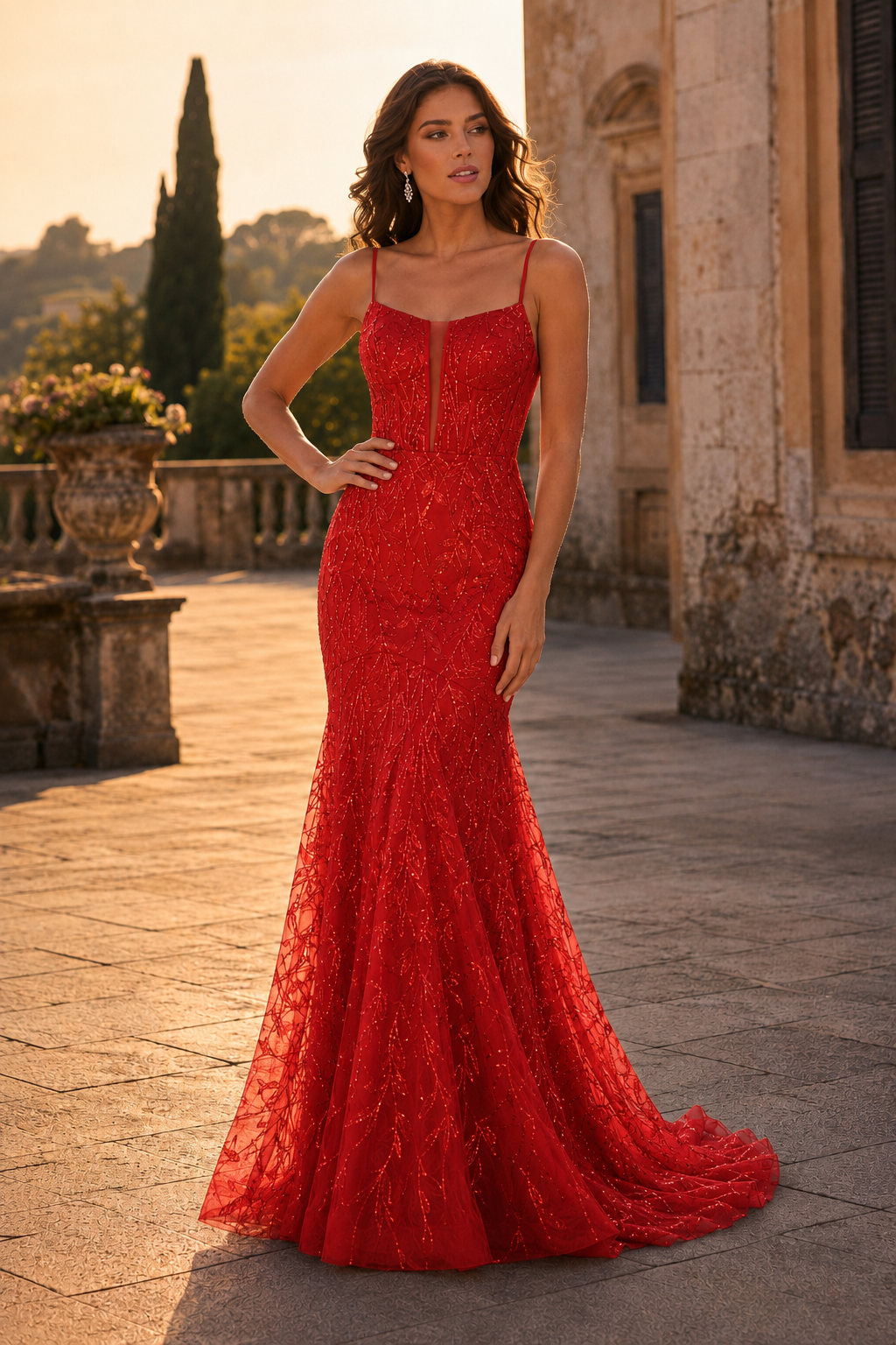 Jorsera Spaghetti-Strap Embroidered Mermaid Prom Dress