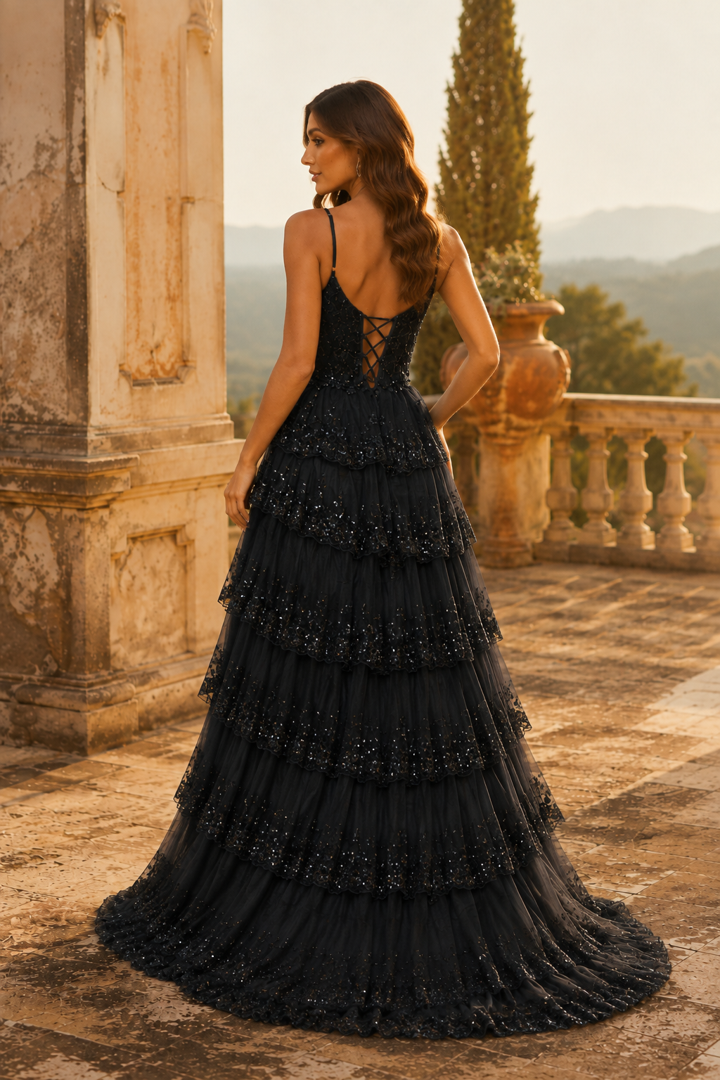 Jorvina Spaghetti-Strap Tiered Gown with Slit Prom Dress