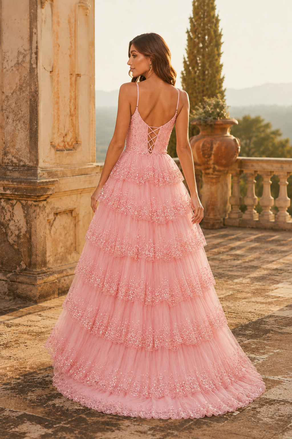 Jorvina Spaghetti-Strap Tiered Gown with Slit Prom Dress