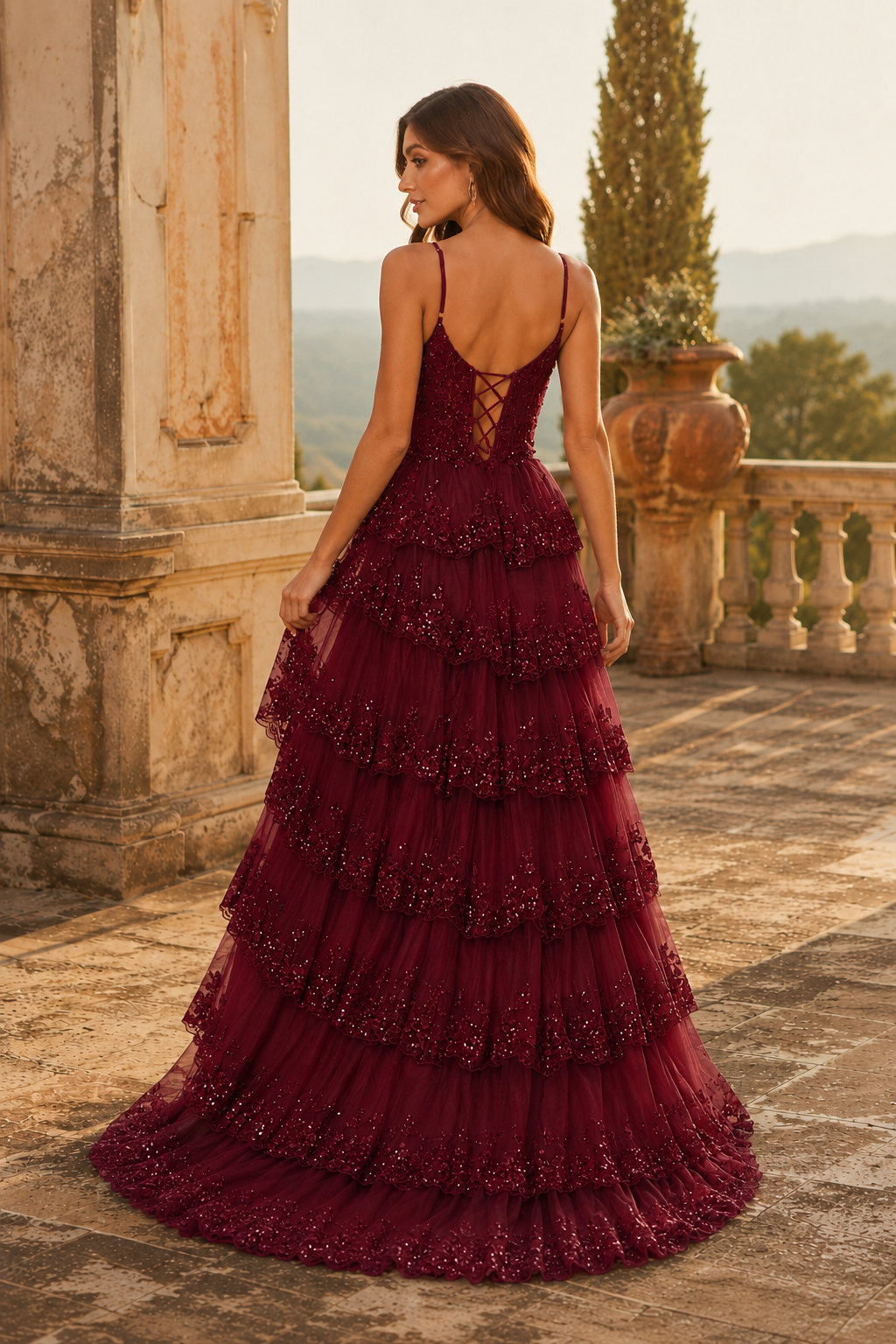 Jorvina Spaghetti-Strap Tiered Gown with Slit Prom Dress