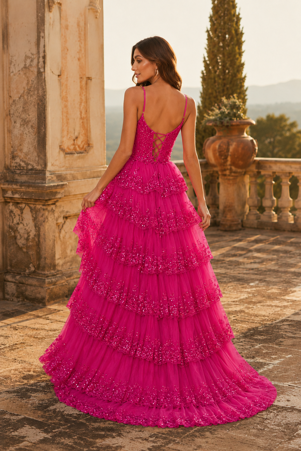 Jorvina Spaghetti-Strap Tiered Gown with Slit Prom Dress