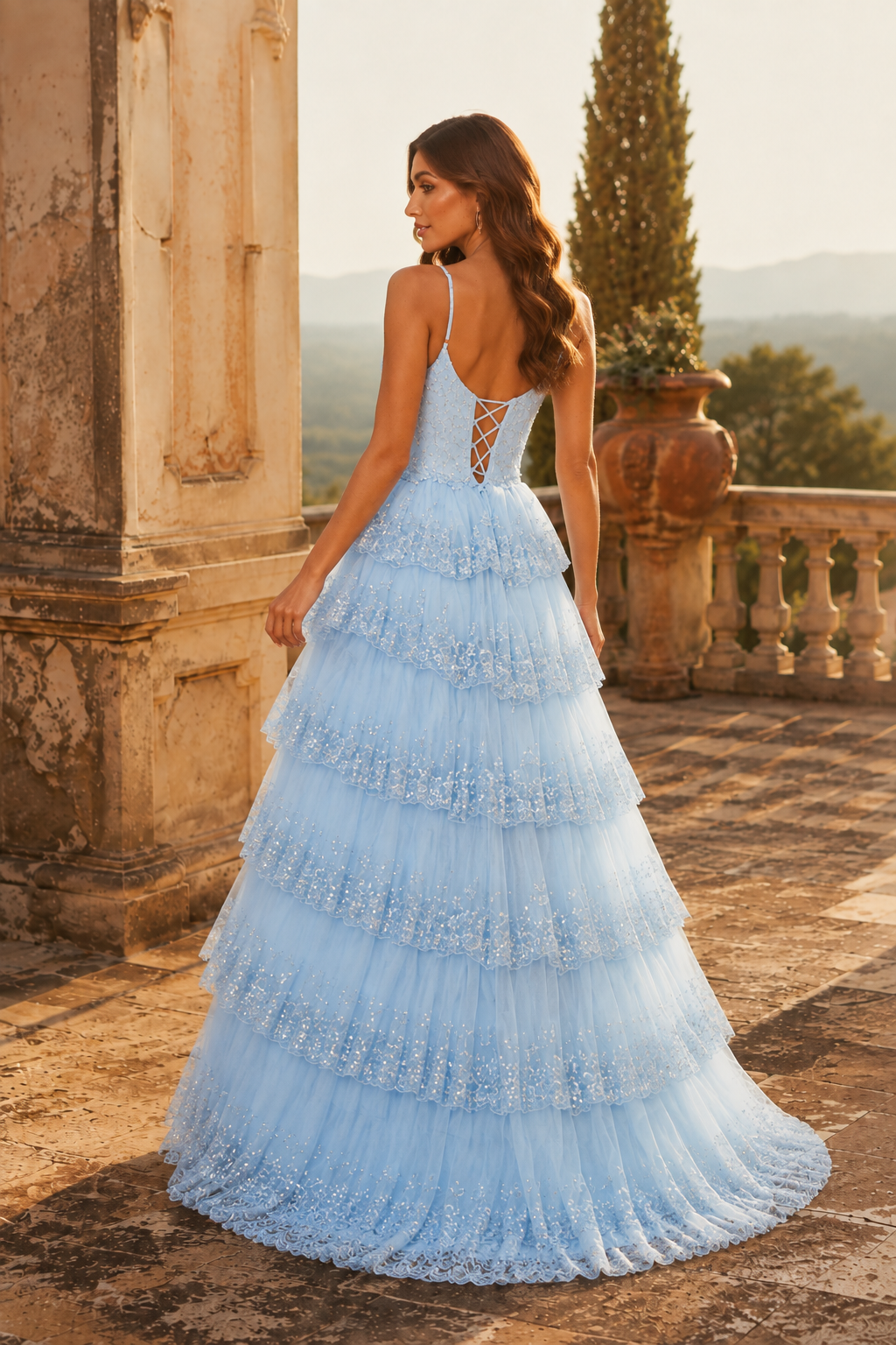 Jorvina Spaghetti-Strap Tiered Gown with Slit Prom Dress